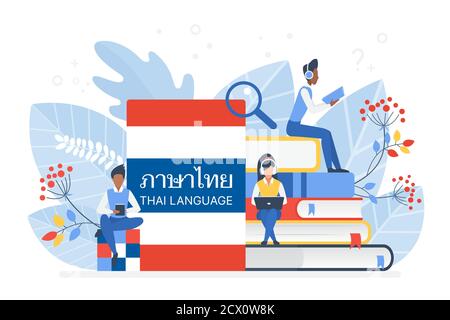 Persone che imparano la lingua tailandese illustrazione vettoriale. Thailandia formazione a distanza, concetto di corsi di apprendimento online. Studenti che leggono libri cartoni animati. Insegnamento delle lingue straniere Illustrazione Vettoriale