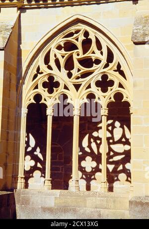 Arco nel chiostro. Monastero di la Oliva, Carcastillo, Navarra, Spagna. Foto Stock