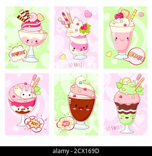 Set di graziose icone dolci in stile kawaii con volto sorridente e guance rosa per un design dolce. Gelato, frullato, crema di latte per bambini, cocktail di frutta e latte Illustrazione Vettoriale