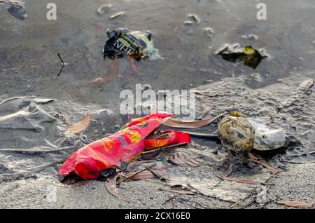 Batu Maung, Penang/Malaysia - Dic 28 2019: Plastica alimentare in mare costiero. Foto Stock