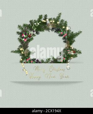 Corona di Natale, ghirlanda. Luogo per il testo, mockup. Texte sur buon Natale Felice Anno Nuovo. Moderna corona trendy fatta di fogliame, luci, bacche rosse sul bordo di carta pastello striscia. Illustrazione 3D Foto Stock