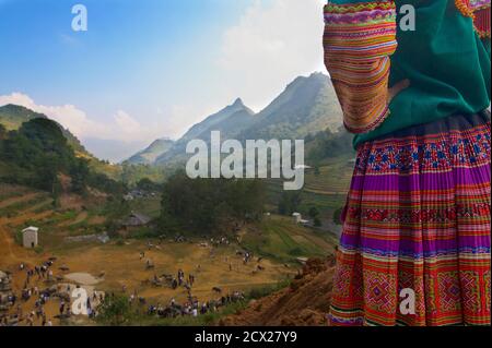 Gonna Hmong fiore. Affacciato sul mercato dei bufali d'acqua, Can Cau, Vietnam Foto Stock