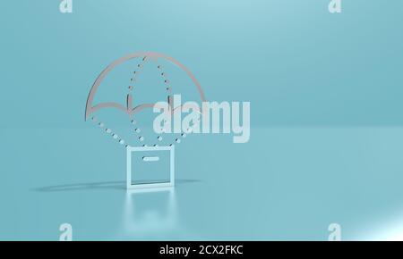 Icona del contorno della scatola con un paracadute su uno sfondo azzurro. Illustrazione 3D, rendering 3D. Foto Stock