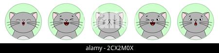 Set di simpatiche emoticon - gatti. Set di gatti Emoji. Imposta per social network, messaggero e chat. Sorrisi diversi con risata, baci, sorpresa, sadnes Illustrazione Vettoriale