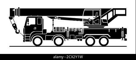 Icona della gru nera Vector su sfondo bianco; vista laterale. Auto con gru. Icona elegante per il logo. Moderna illustrazione vettoriale piatta. Illustrazione Vettoriale