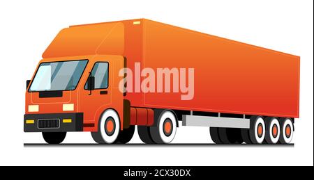 Camion vettoriale, consegna rapida delle merci. Logo, emblema, banner del centro logistico, consegna, carico, peso pesante. Camion luminoso, arancione. Modello per Illustrazione Vettoriale