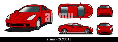 Modello vettore auto rosso. Modello isolato Coupé auto su sfondo bianco. Mockup del marchio del veicolo. Vista laterale, anteriore, posteriore e superiore. Illustratore vettore Illustrazione Vettoriale