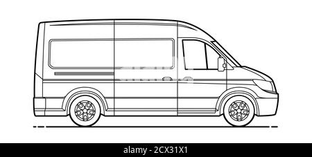 vettore furgone con erogazione del contorno. Furgone da carico per libro da colorare. Vector Cargo minivan isolato su sfondo bianco. Illustrazione Vettoriale