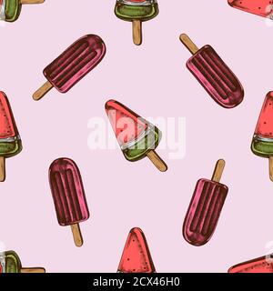 Motivo senza cuciture con gelato a base di papsicle colorate disegnate a mano Illustrazione Vettoriale