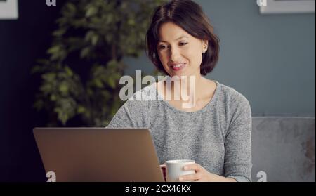 Donna sorridente che guarda lo schermo del laptop Foto Stock