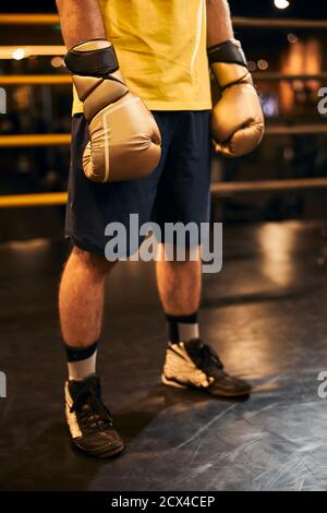 Il campione di boxe rimane in posizione nel ring Foto Stock