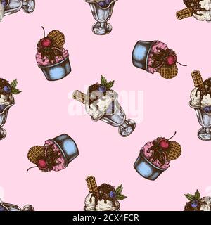 Motivo senza cuciture con coppe per gelato colorate disegnate a mano Illustrazione Vettoriale