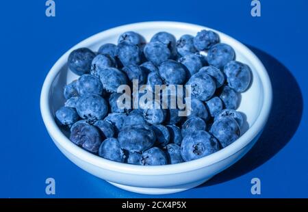 Primo piano vista astratta di una ciotola contenente fresco mirtilli raccolti su fondo blu intenso con luce naturale del sole Foto Stock