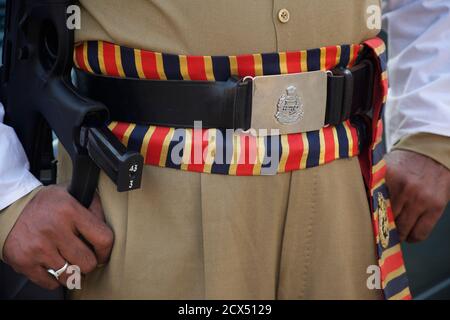 Forza di sicurezza di frontiera indiana. Soldato in uniforme. Dettaglio. Rajasthan, India Foto Stock