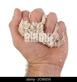 Mano e sabbia cinetica isolati su sfondo bianco. Foto Stock