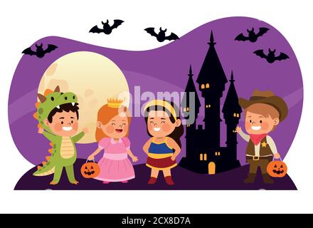 carino bambini vestiti come un carattere diverso con pipistrelli nel castello notte scena vettoriale illustrazione Illustrazione Vettoriale