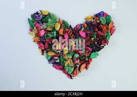 Cuore d'epoca dai petali secchi colorati isolati su sfondo bianco. Vista dall'alto Foto Stock