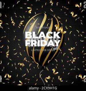 Promozione sconto Black Friday in mongolfiera con Poster del negozio di pubblicità vettoriale del nastro d'oro Illustrazione Vettoriale