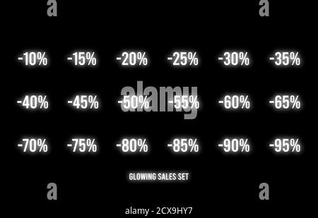 Percentuale di sconto sul set di cartelli al neon bianchi su sfondo scuro. Vendite incandescenti del Black Friday. Illustrazione Vettoriale