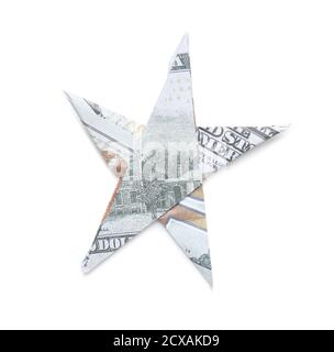 Stella Origami in banconota da dollaro su sfondo bianco Foto Stock
