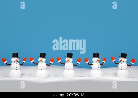 3d illustrazione squadra di allegri pupazzi di neve di natale in cappello e. i guanti rossi si erige sulla neve su sfondo bianco isolato Foto Stock