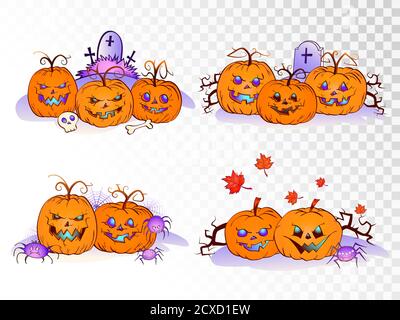 Insieme vettoriale di zucche sorridenti su sfondo trasparente. Collezione Halloween. Illustrazione Vettoriale