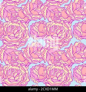 Modello vettoriale senza giunture con rose disegnate a mano. Nei colori rosa e blu. Illustrazione Vettoriale