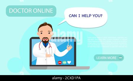 Dottore online sul vostro portatile. Online medicina, consultazione e diagnosi concetto. Banner Web per applicazioni mediche. Chieda al medico in linea. Aiuto e supporto Illustrazione Vettoriale