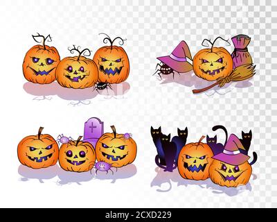 Insieme vettoriale di zucche sorridenti su sfondo trasparente. Collezione Halloween. Illustrazione Vettoriale