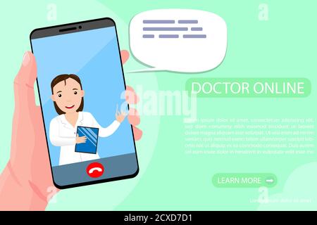 Consulenza medica online tramite smartphone. La mano umana sta tenendo il telefono con la videochiamata al medico. Donna terapeuta dà un consiglio on-line. Concetto Illustrazione Vettoriale