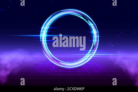 Stile Vaporwave. Paesaggio retrovuturistico con griglia di prospettiva e cerchio luminoso con nebbia. Stile synth e vaporwave di sfondo per musica elettronica, poster e carta da parati Illustrazione Vettoriale