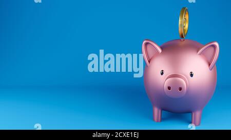 Immagine in 3D di un banco di piggy rosa metallico e di una moneta d'oro su sfondo blu. Categoria Business Foto Stock