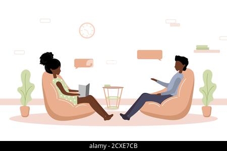 Pratica psicoterapeutica e aiuto psicologico. La donna africana sostiene il ragazzo con problemi psicologici. Terapia e consulenza per le persone sotto stress Illustrazione Vettoriale