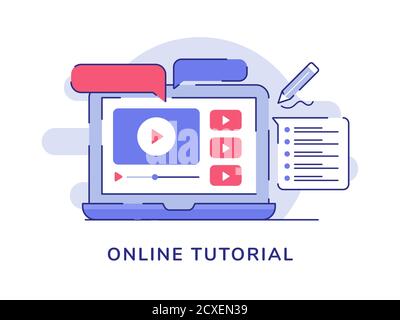 concetto di tutorial video online con note per computer portatile e lettore con stile moderno della linea dell'icona Illustrazione Vettoriale