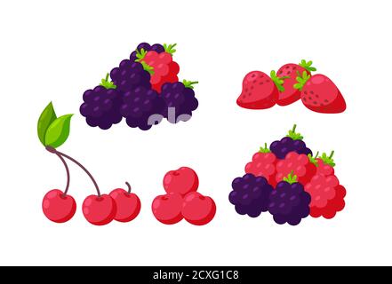 Set di bacche isolate su sfondo bianco. Fragola, lampone, ciliegia e mora per vari disegni. Illustrazione vettoriale in stile cartoon Illustrazione Vettoriale