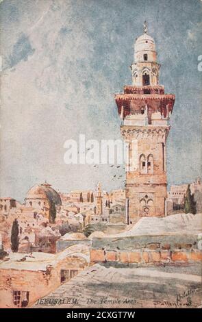 Di fronte a una cartolina illustrata Gerusalemme, l'area del tempio, il Duomo della Moschea di Omar e il muro del Pianto della Terra Santa Serie II stampato nel Regno Unito dalla cartolina di Tuck (Raphael Tuck & Sons) nel 1903 illustrata da Fulleylove, John, 1847-1908 Foto Stock