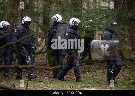 Stadtallendorf, Germania. 01 Ottobre 2020. La polizia arriva a liberare la foresta vicino a Stadtallendorf, che è stata occupata da attivisti ambientali. La prima fase di costruzione della controversa A49 è quella di iniziare qui. Credit: Boris Roessler/dpa/Alamy Live News Foto Stock