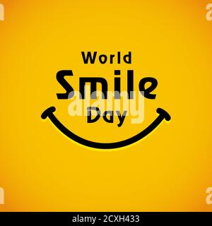 Modello di banner con scritta World Smile Day. Felice icona sorridente e testo, 2 ottobre. Immagine emoticon vettoriale su sfondo giallo Illustrazione Vettoriale