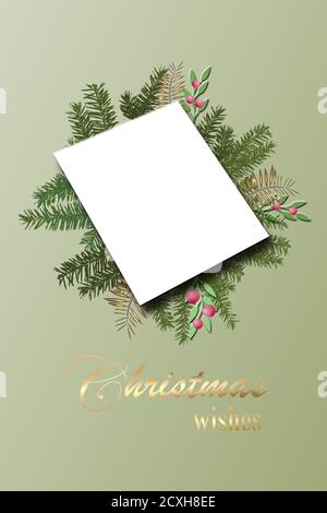 Elegante carta di Natale astratta verde fogliame con banner in carta cornice in colori pastello. Splendido design per il saluto festivo. Disposizione piatta, mockup. Gold testo auguri di Natale. Illustrazione 3D Foto Stock