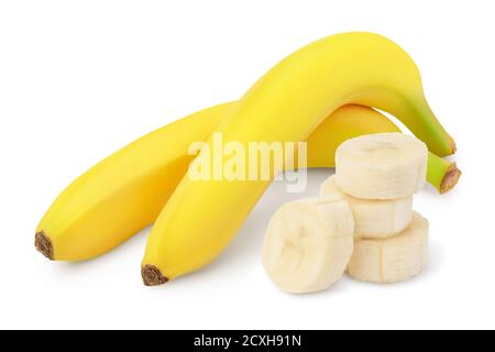 banana isolata su sfondo bianco con tracciato di ritaglio e profondità di campo completa. Foto Stock