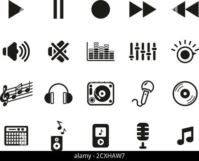 Audio o le icone del suono in bianco e nero serie Big Illustrazione Vettoriale