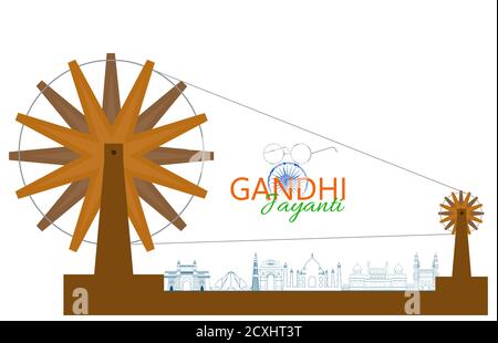 Poster design per il 2 ottobre anniversario di nascita di Mahatma Gandhi con occhiali e elemento charkha Illustrazione Vettoriale