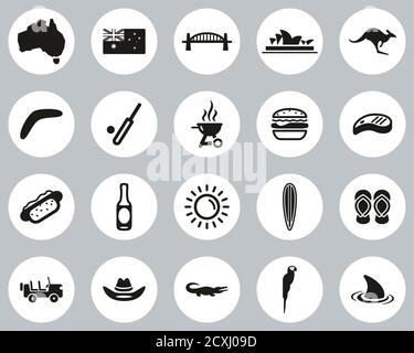 Australia Country & Culture Icons Black & White Flat Design Cerchio Set Grande Illustrazione Vettoriale