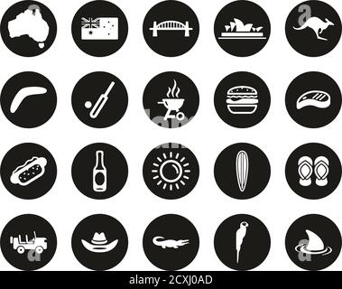 Australia Country & Culture Icons White on Black Flat Design Cerchio Set Grande Illustrazione Vettoriale