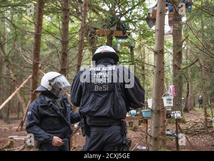 Stadtallendorf, Germania. 01 Ottobre 2020. La polizia arriva a liberare la foresta vicino a Stadtallendorf, che è stata occupata da attivisti. La prima fase di costruzione della controversa A49 è quella di iniziare qui. Credit: Boris Roessler/dpa/Alamy Live News Foto Stock