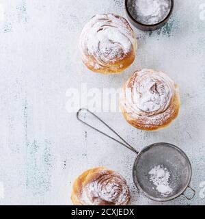 Moderni croccini di pasticceria, come croissant e muffin con zucchero in polvere, serviti con setaccio vintage su sfondo bianco di legno. Vista dall'alto, spazio di copia fo Foto Stock