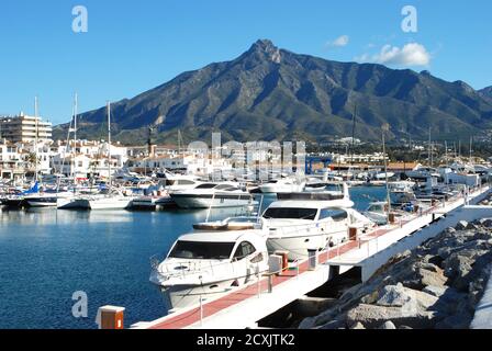 Barche e barche ormeggiate nel porto con le montagne sul retro, Puerto Banus, Marbella, Spagna. Foto Stock