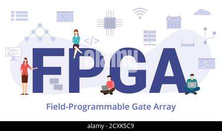 concetto di array di gate programmabile sul campo fpga con testo grande moderno o parola e persone con icone di stile moderno appartamento Illustrazione Vettoriale