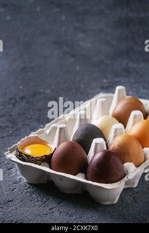 Il marrone ed il grigio colorato di pollo uova di Pasqua nella scatola di carta con tuorlo d'uovo su calcestruzzo nero lo sfondo di texture. Spazio di copia Foto Stock