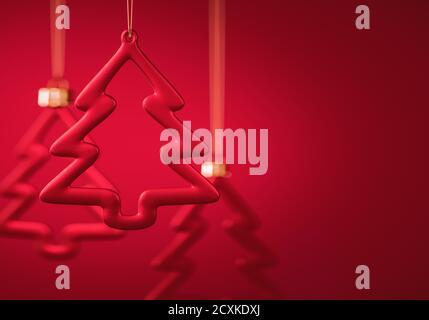 Gruppo di tre palline di Natale in vetro. Albero contorno forma baubles appesi su sfondo rosso borgogna. Decorazione di Natale, atmosfera festosa con Foto Stock